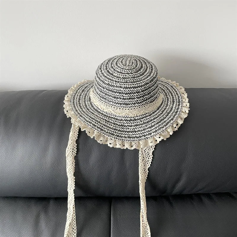 2-7Y Japanese Elegant Children Hat Summer Girls Big Brim Sun Hat Vacation Baby Beach Straw Hat Sun