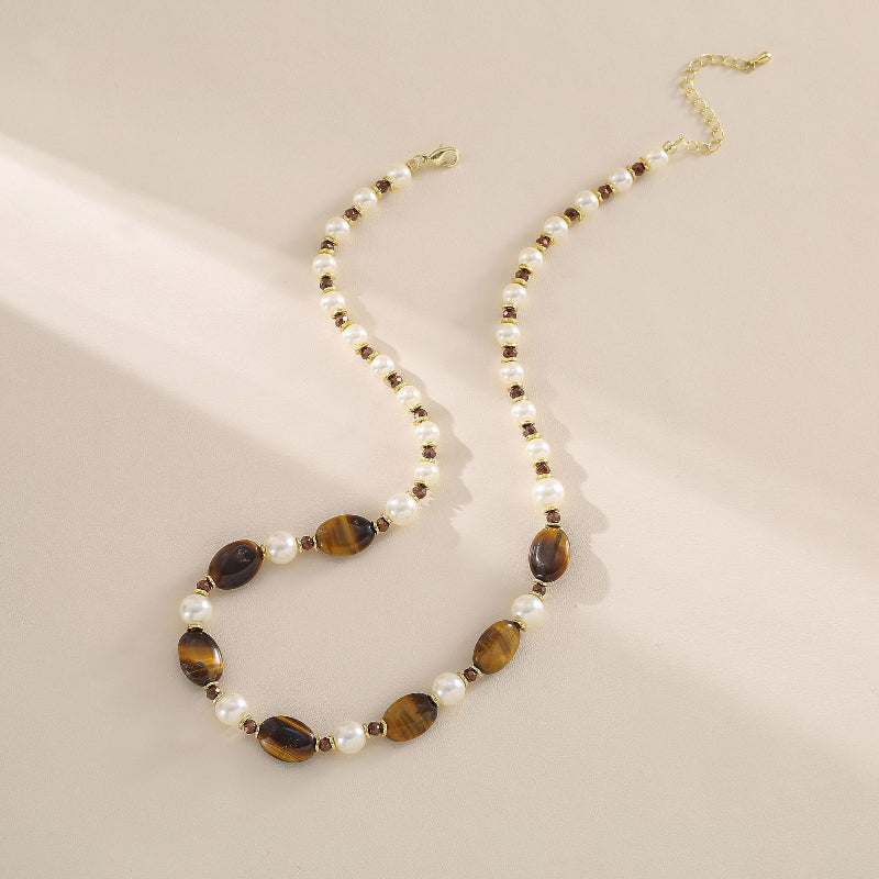 EHAO Maillard Necklace Natural Tiger Eye Stone Copper Gold-plated Necklace Simple high-end