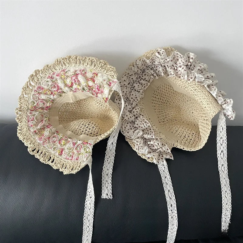 48-52cm Summer Baby Hats Sun Hats Small Floral Girls Woven Straw Hat Princess Sunshade Beach Hat Sunscreen Hat