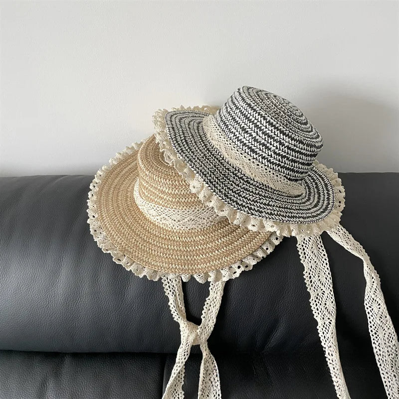 2-7Y Japanese Elegant Children Hat Summer Girls Big Brim Sun Hat Vacation Baby Beach Straw Hat Sun
