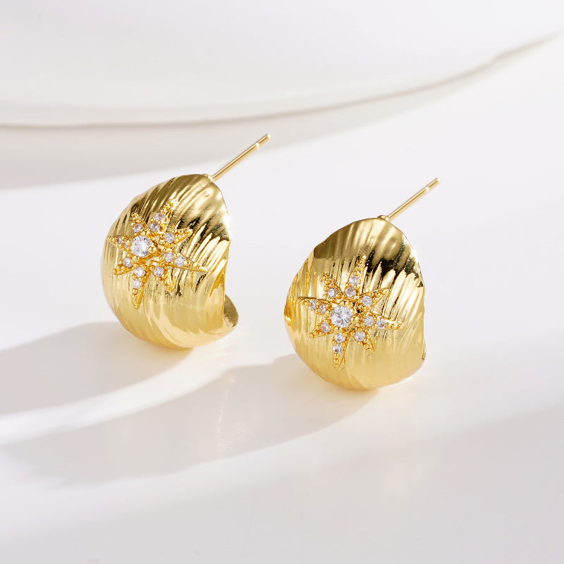 EHAO Exquisite Versatile Earrings Textured Ear Buckles Copper Plated Gold Zircon Needle Earrings