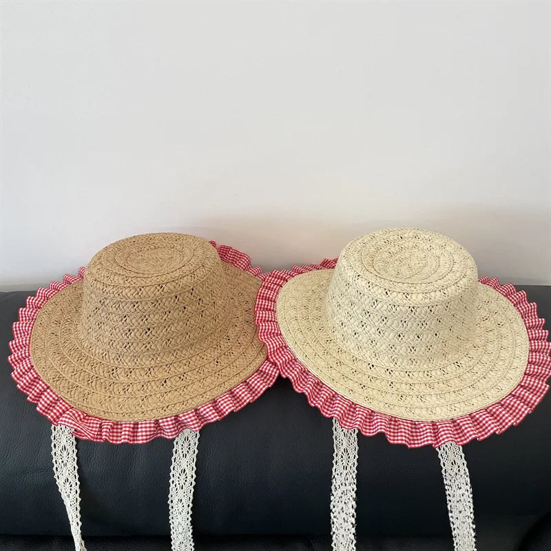 Bohemian Baby Girls Sun Hats Summer Girl Retro Plaid Linen Mixed Big Brim Flat Top Straw Hat Beach Hat