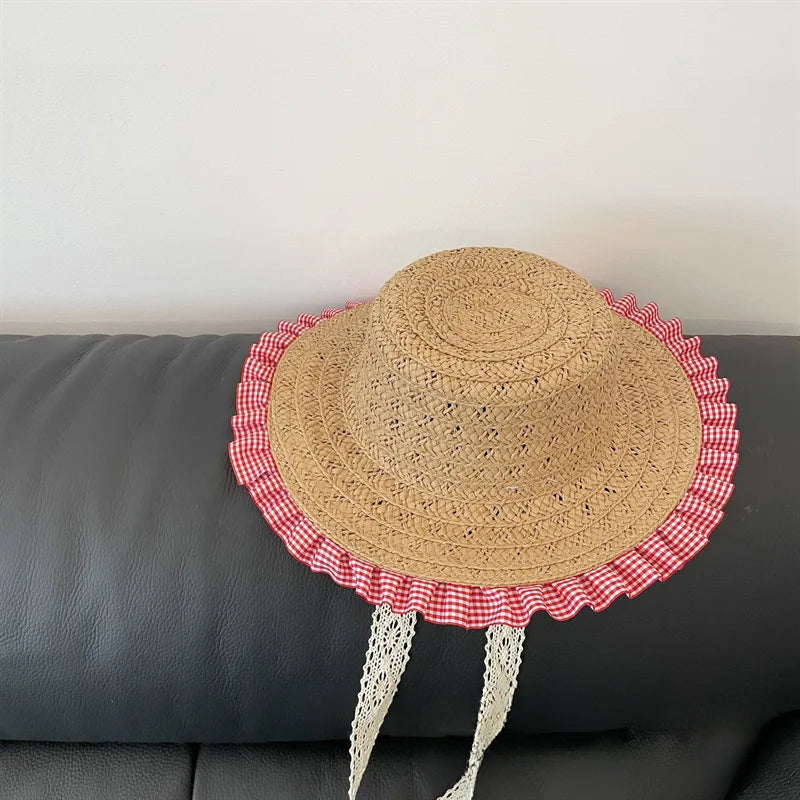 Bohemian Baby Girls Sun Hats Summer Girl Retro Plaid Linen Mixed Big Brim Flat Top Straw Hat Beach Hat