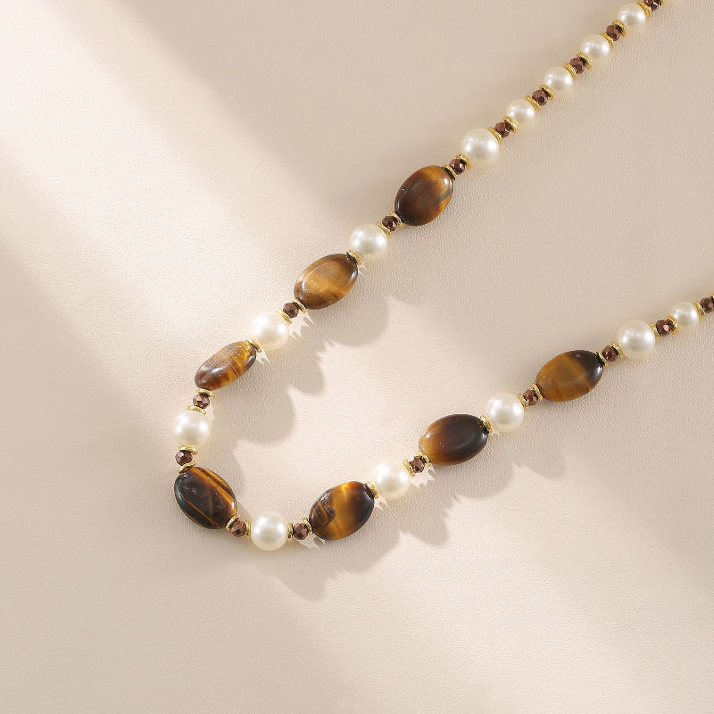 EHAO Maillard Necklace Natural Tiger Eye Stone Copper Gold-plated Necklace Simple high-end