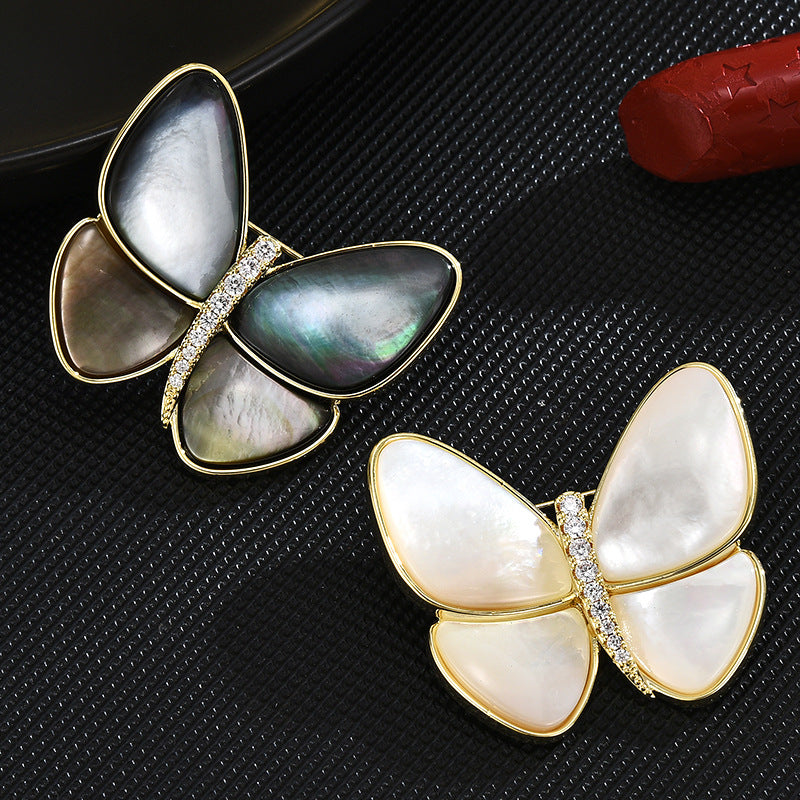 New Minimalist Fashionable Luxurious Butterfly Brooch Zircon Natural Pritillary Breast Flower Brooch