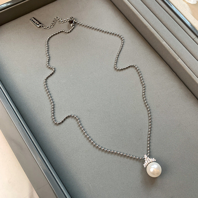 White Pearl Earrings&Necklace Female Ice Queen Crown Necklace Light Luxury High-end Collarbone Chain Neck Chain
