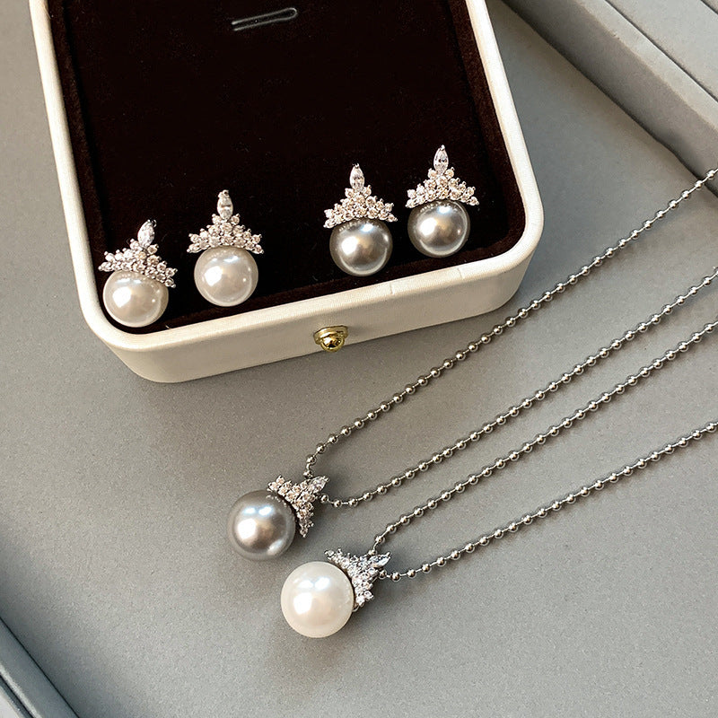 White Pearl Earrings&Necklace Female Ice Queen Crown Necklace Light Luxury High-end Collarbone Chain Neck Chain