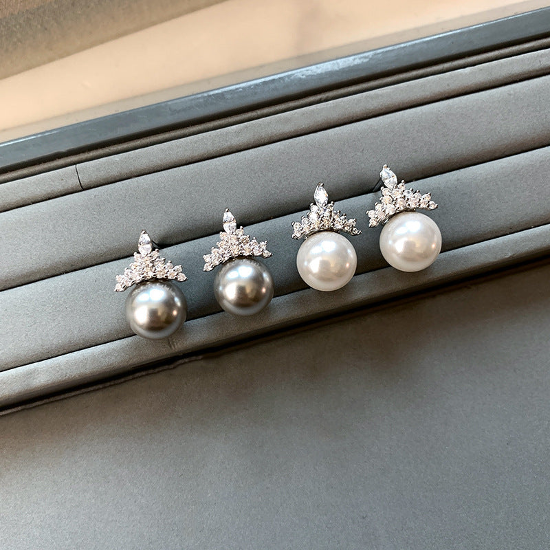 White Pearl Earrings&Necklace Female Ice Queen Crown Necklace Light Luxury High-end Collarbone Chain Neck Chain