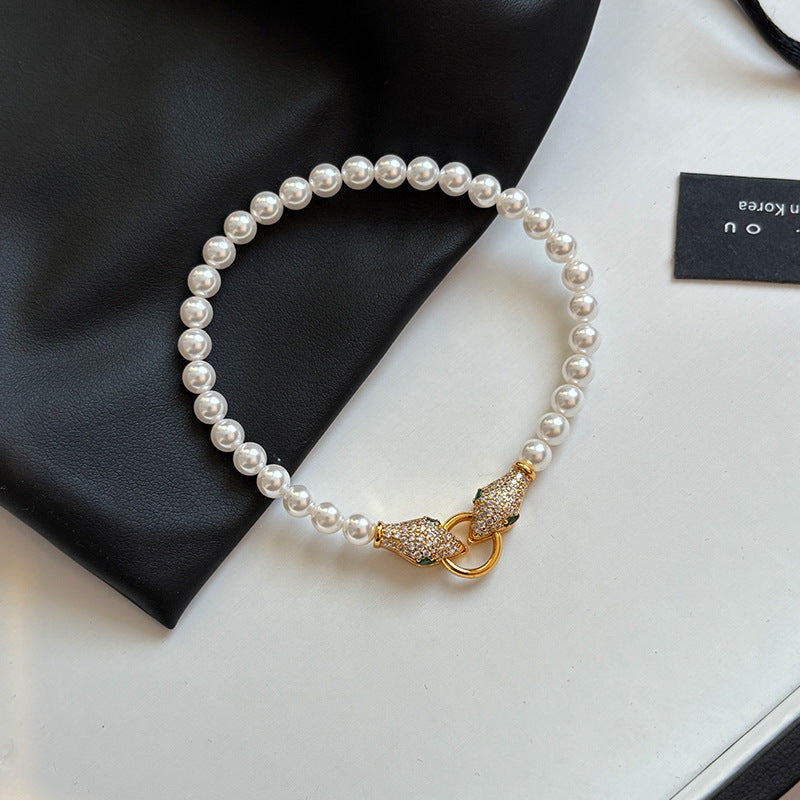 EHAO Electroplated Micro Inlaid Zircon Snake Necklace Women's Pearl Collarbone Chain Bracelet