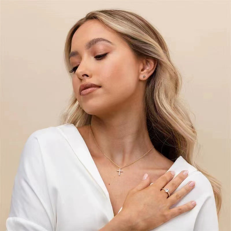 EHAO New Necklace Full Diamond Women's Clavicle Chain Gold 14k Gold Pendant
