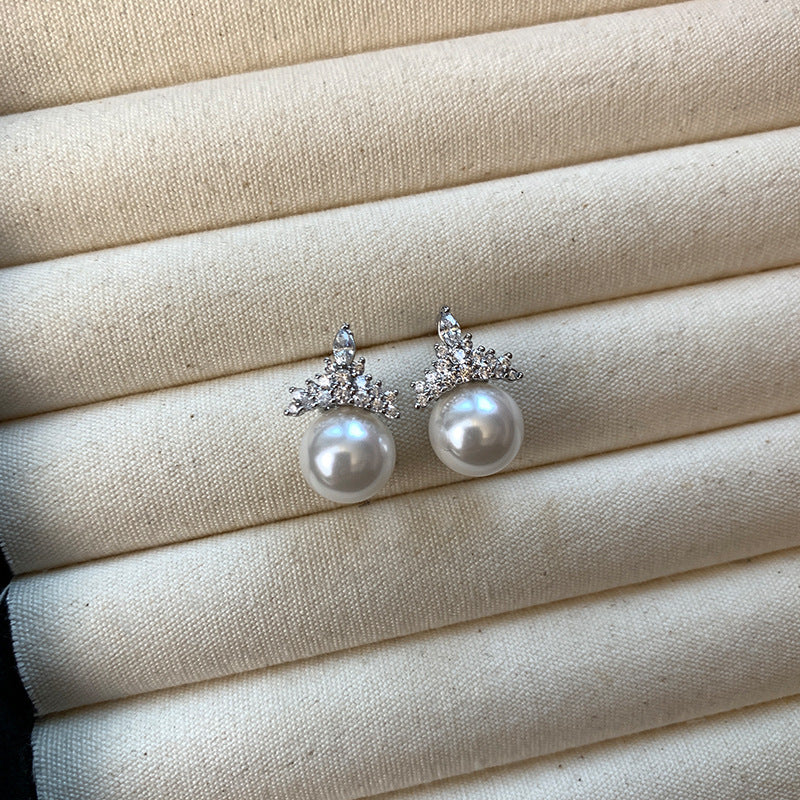 White Pearl Earrings&Necklace Female Ice Queen Crown Necklace Light Luxury High-end Collarbone Chain Neck Chain