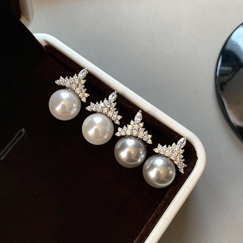 White Pearl Earrings&Necklace Female Ice Queen Crown Necklace Light Luxury High-end Collarbone Chain Neck Chain
