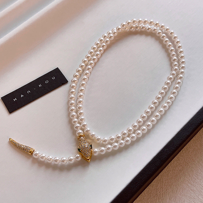 EHAO Electroplated Micro Inlaid Zircon Snake Necklace Women's Pearl Collarbone Chain Bracelet