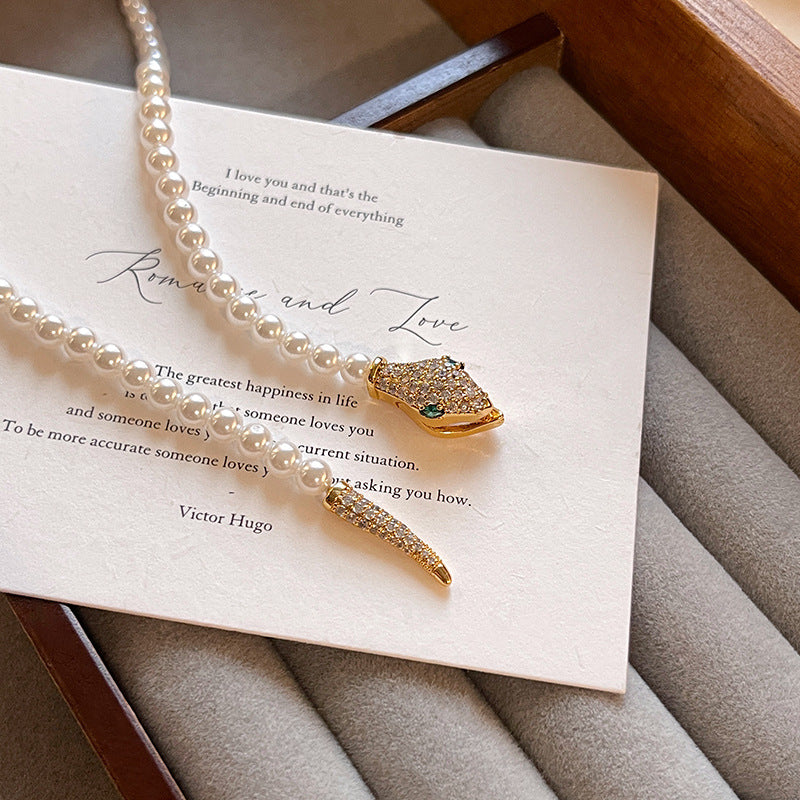 EHAO Electroplated Micro Inlaid Zircon Snake Necklace Women's Pearl Collarbone Chain Bracelet