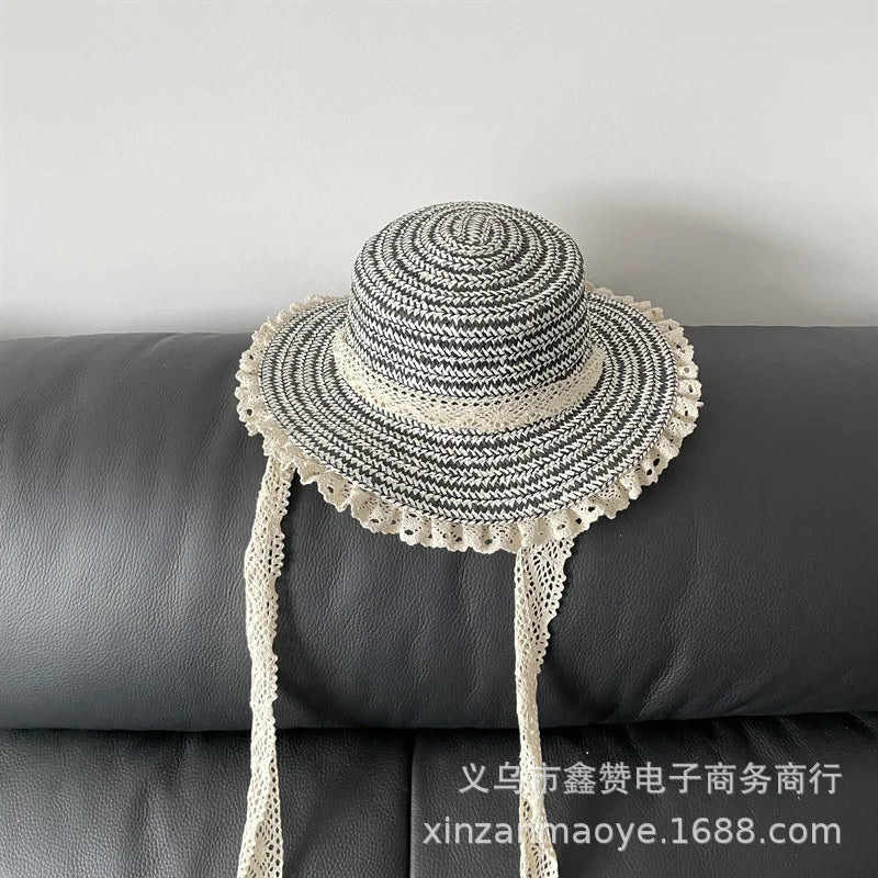 2-7Y Japanese Elegant Children Hat Summer Girls Big Brim Sun Hat Vacation Baby Beach Straw Hat Sun