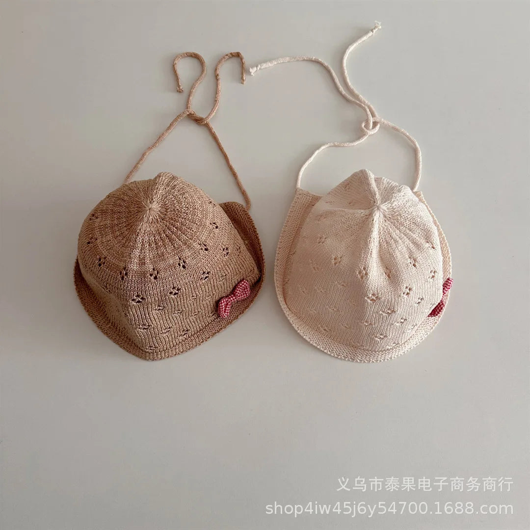 50-52cm Summer Children Sunscreen Hat Girl Cotton Thread Knitted Strap Bow Breathable Hat Baby Sun Hat
