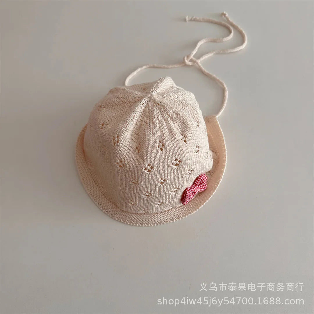 50-52cm Summer Children Sunscreen Hat Girl Cotton Thread Knitted Strap Bow Breathable Hat Baby Sun Hat