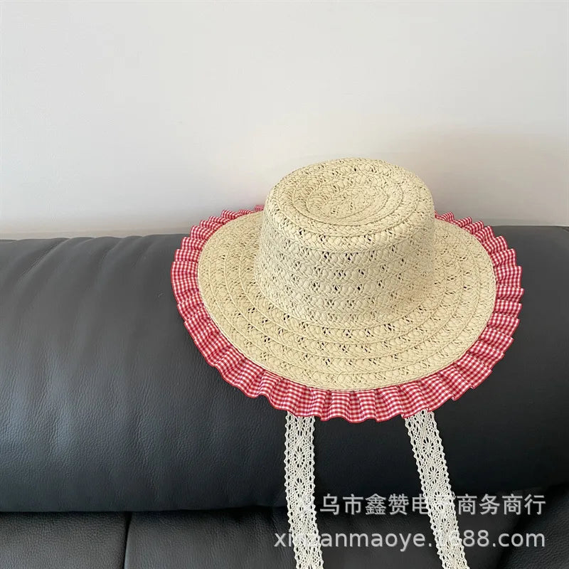 Bohemian Baby Girls Sun Hats Summer Girl Retro Plaid Linen Mixed Big Brim Flat Top Straw Hat Beach Hat