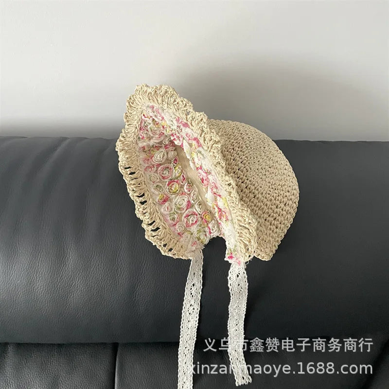 48-52cm Summer Baby Hats Sun Hats Small Floral Girls Woven Straw Hat Princess Sunshade Beach Hat Sunscreen Hat
