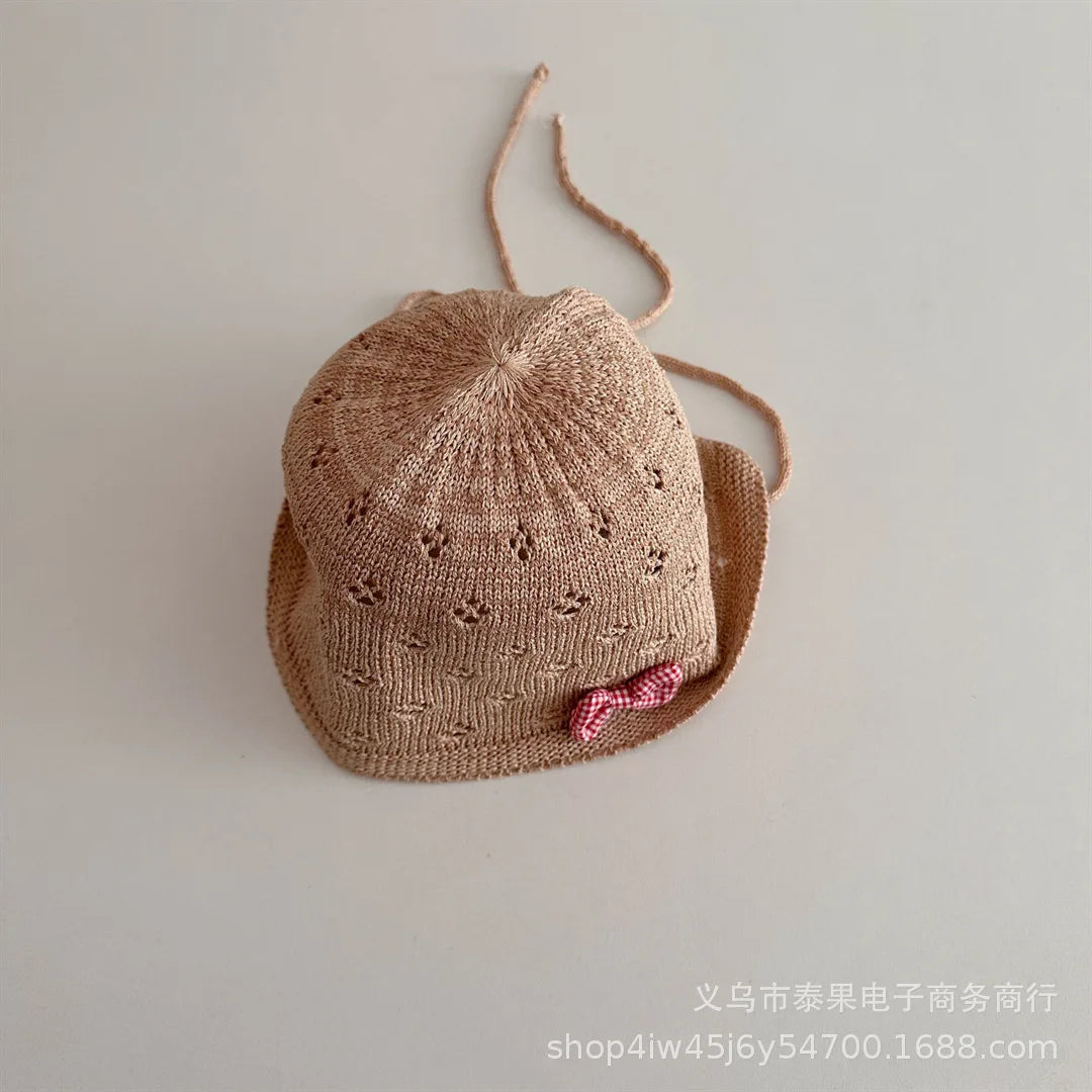 50-52cm Summer Children Sunscreen Hat Girl Cotton Thread Knitted Strap Bow Breathable Hat Baby Sun Hat