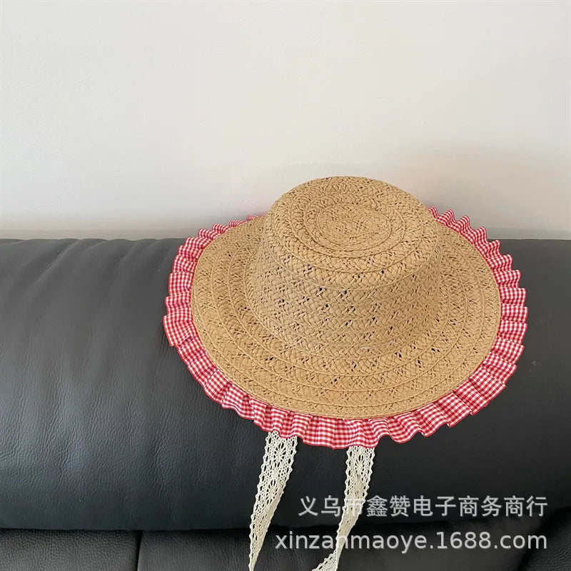 Bohemian Baby Girls Sun Hats Summer Girl Retro Plaid Linen Mixed Big Brim Flat Top Straw Hat Beach Hat