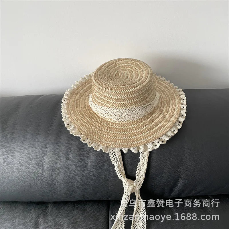 2-7Y Japanese Elegant Children Hat Summer Girls Big Brim Sun Hat Vacation Baby Beach Straw Hat Sun