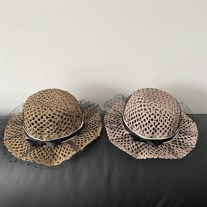 50-52cm Girls Sun Hat Summer Children Straw Hat Girl Lace Big Eaves Sunscreen Bucket Hat Girl Baby for Beach