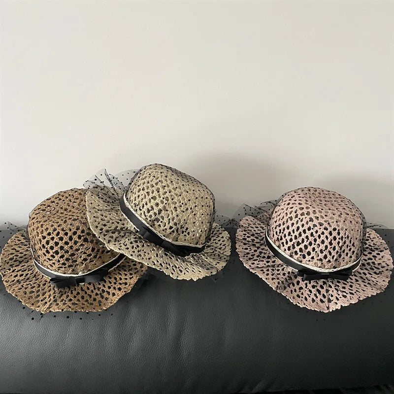 50-52cm Girls Sun Hat Summer Children Straw Hat Girl Lace Big Eaves Sunscreen Bucket Hat Girl Baby for Beach