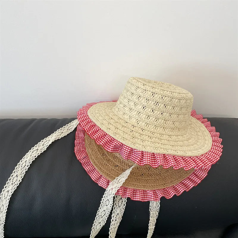 Bohemian Baby Girls Sun Hats Summer Girl Retro Plaid Linen Mixed Big Brim Flat Top Straw Hat Beach Hat