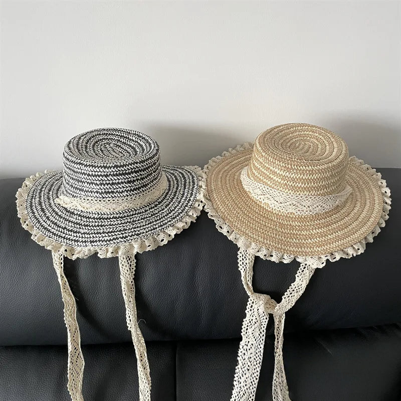 2-7Y Japanese Elegant Children Hat Summer Girls Big Brim Sun Hat Vacation Baby Beach Straw Hat Sun