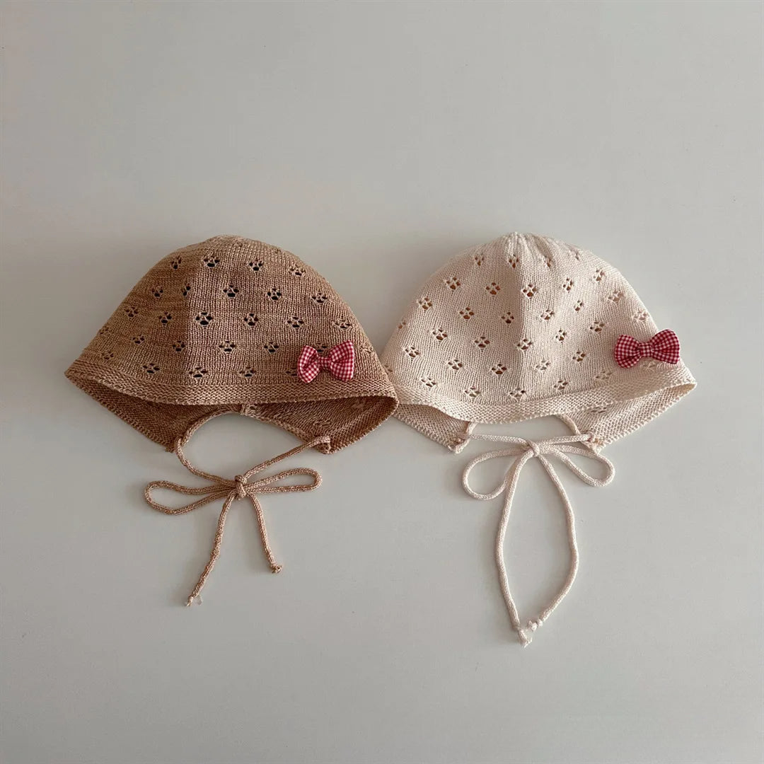 50-52cm Summer Children Sunscreen Hat Girl Cotton Thread Knitted Strap Bow Breathable Hat Baby Sun Hat