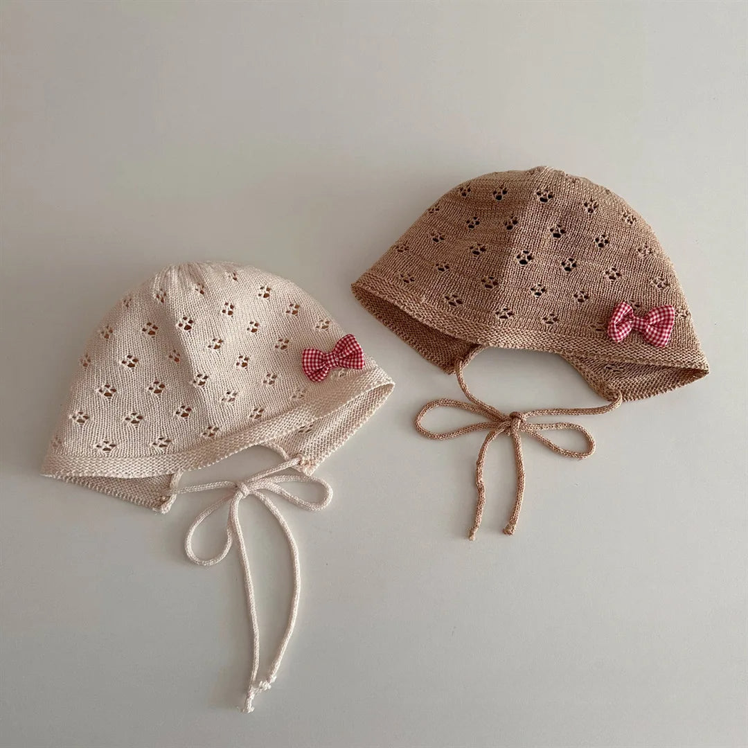 50-52cm Summer Children Sunscreen Hat Girl Cotton Thread Knitted Strap Bow Breathable Hat Baby Sun Hat