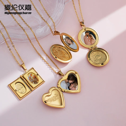 18K Copper Photo Frame Necklace Women Simple Love Photo Box Pendant Jewelry
