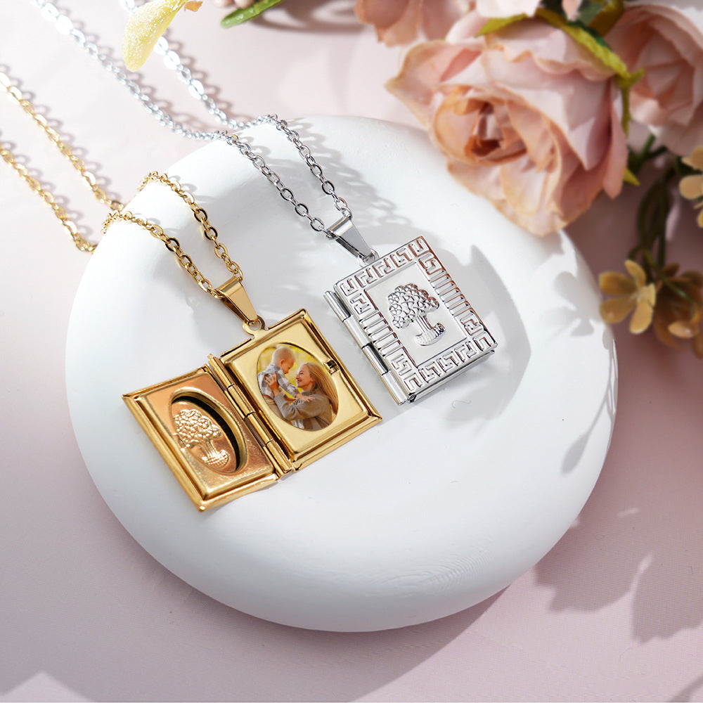 18K Copper Photo Frame Necklace Women Simple Love Photo Box Pendant Jewelry